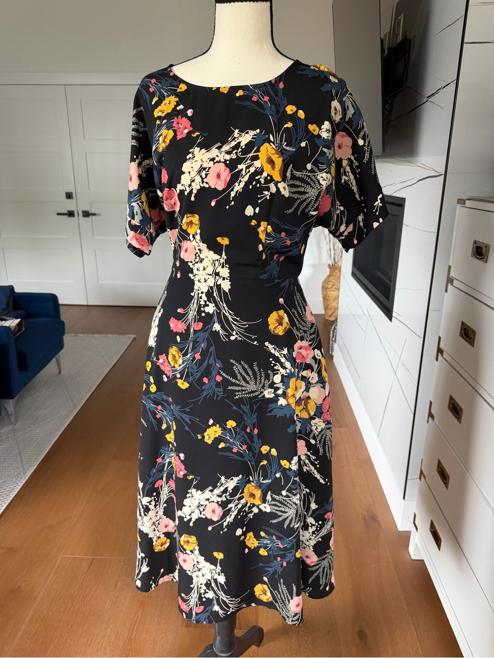Lulu's Black Midi Dress with Pink & Yellow Floral Print